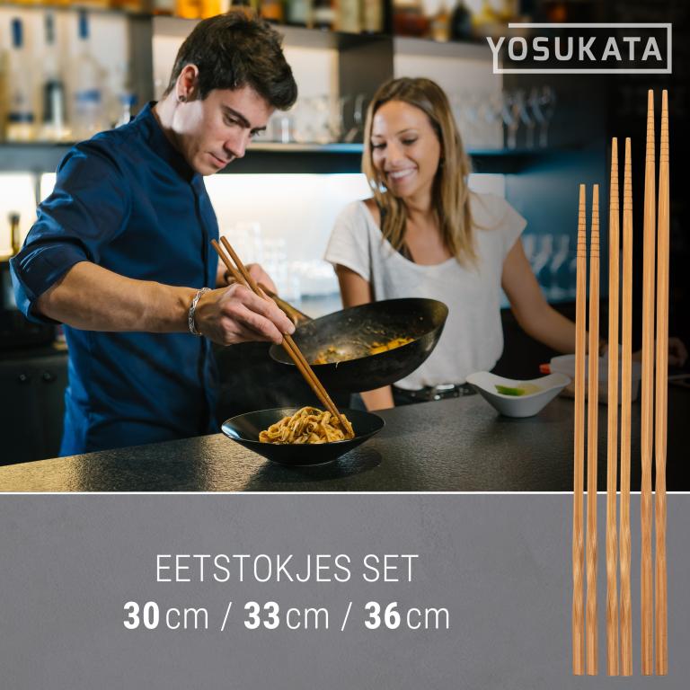 Yosukata Wokgerei Set (43 cm Wokspatel, Pollepel Van Koolstofstaal & Bamboe Eetstokjes)