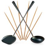 Small Yosukata Wokgerei Set (43 cm Wokspatel, Pollepel Van Koolstofstaal & Bamboe Eetstokjes)