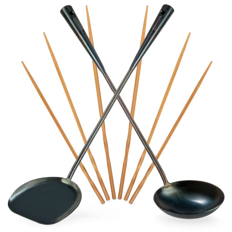 Yosukata Wokgerei Set (43 cm Wokspatel, Pollepel Van Koolstofstaal & Bamboe Eetstokjes)
