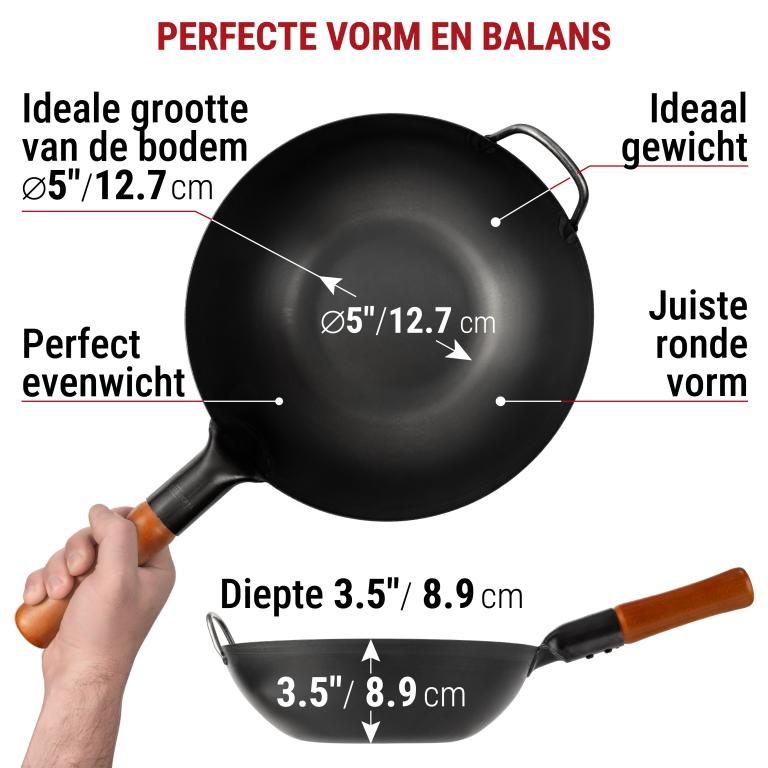 Yosukata 30 cm Wok van zwart koolstofstaal  (Platte bodem, Voorgezouten)