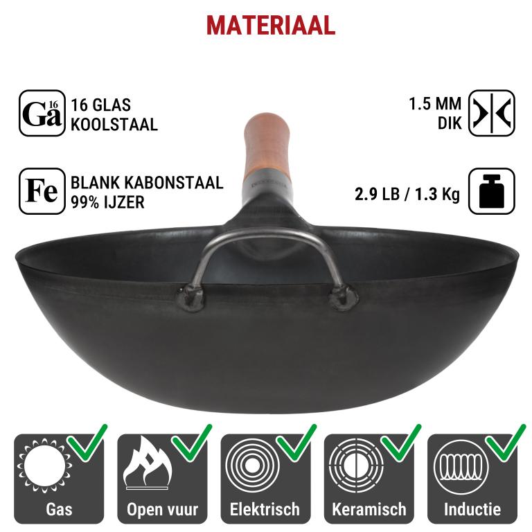 Yosukata 30 cm Wok van zwart koolstofstaal  (Platte bodem, Voorgezouten)