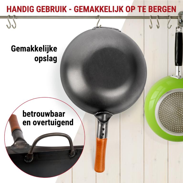 Yosukata 30 cm Wok van zwart koolstofstaal  (Platte bodem, Voorgezouten)