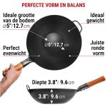 Small Yosukata 34 cm Wok van zwart koolstofstaal  (Platte bodem, Voorgezouten)