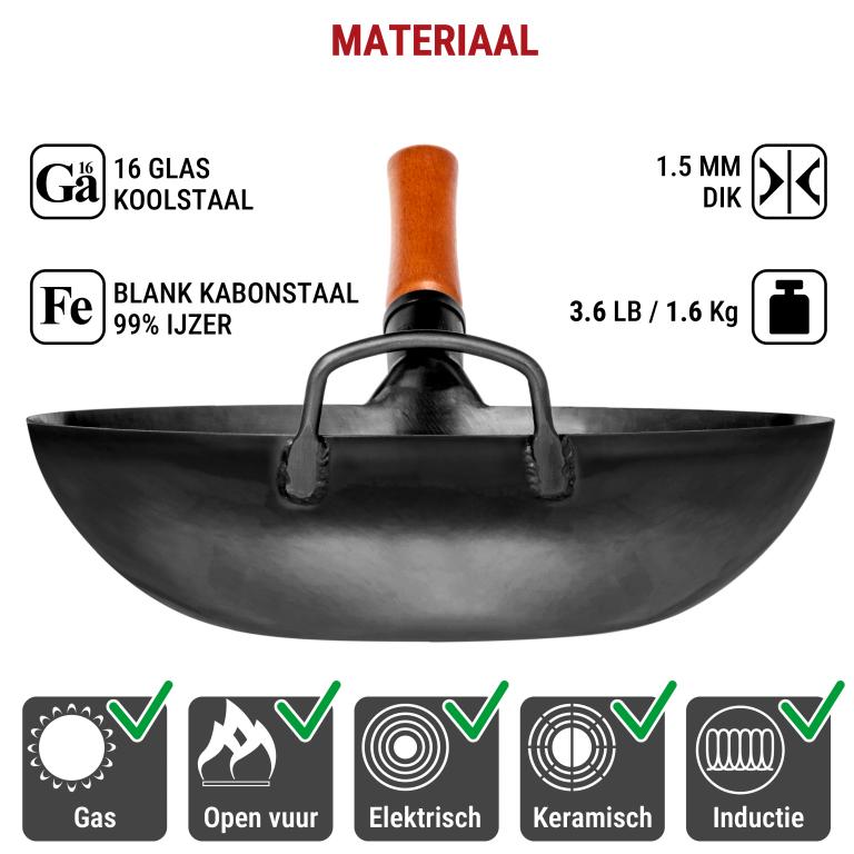 Yosukata 34 cm Wok van zwart koolstofstaal  (Platte bodem, Voorgezouten)