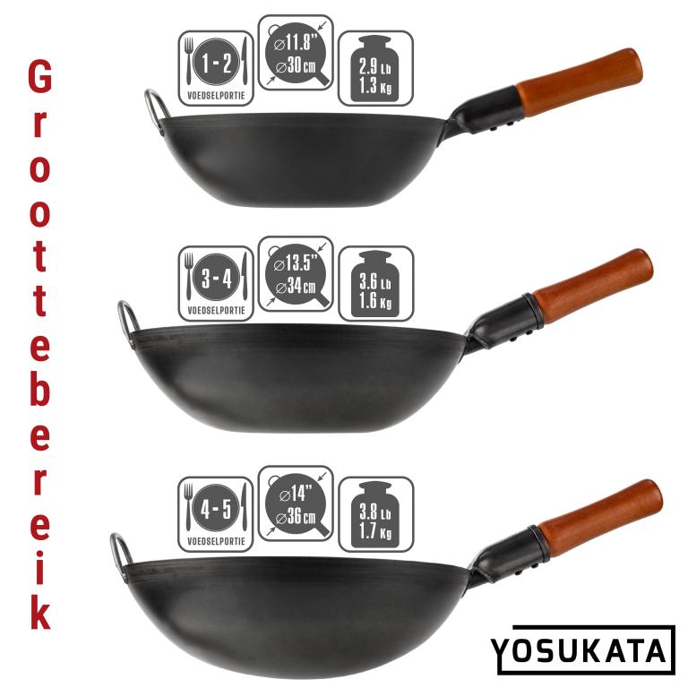 Yosukata 34 cm Wok van zwart koolstofstaal  (Platte bodem, Voorgezouten)