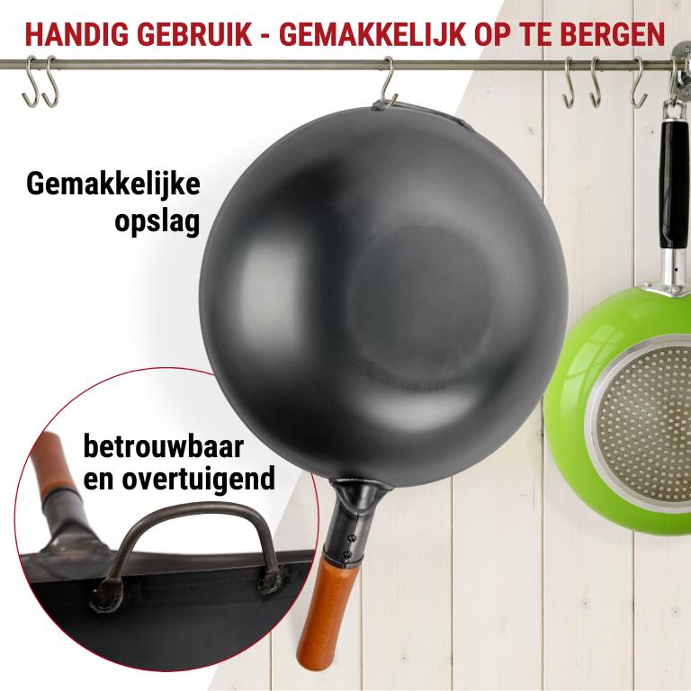 Yosukata 34 cm Wok van zwart koolstofstaal  (Platte bodem, Voorgezouten)