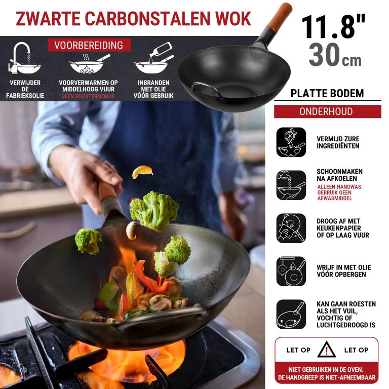 Yosukata 30 cm Wok van zwart koolstofstaal  (Platte bodem, Voorgezouten)