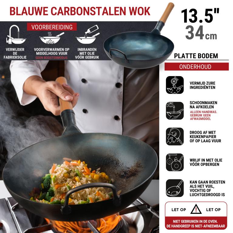 Yosukata 34 cm Wok van blauw koolstofstaal (Platte bodem, Voorgezouten)