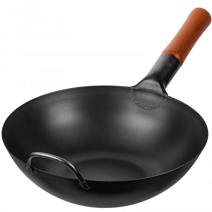 30 cm Wok van zwart koolstofstaal (Platte bodem, Voorgezouten)