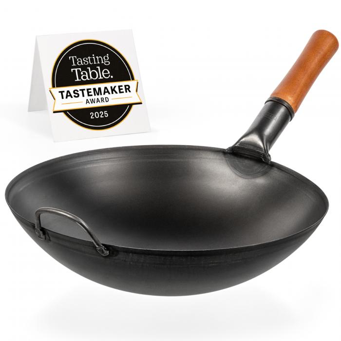 Yosukata 36 cm Wok van zwart koolstofstaal  (Ronde bodem, Voorgezouten)