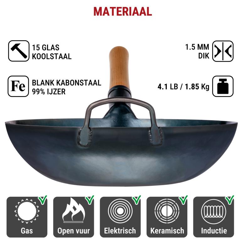 Yosukata 34 cm Wok van blauw koolstofstaal (Platte bodem, Voorgezouten)