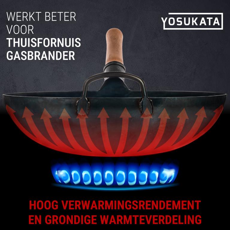 Yosukata 36 cm Wok van blauw koolstofstaal (Ronde bodem, Voorgezouten )