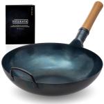 Small Yosukata 34 cm Wok van blauw koolstofstaal (Platte bodem, Voorgezouten)