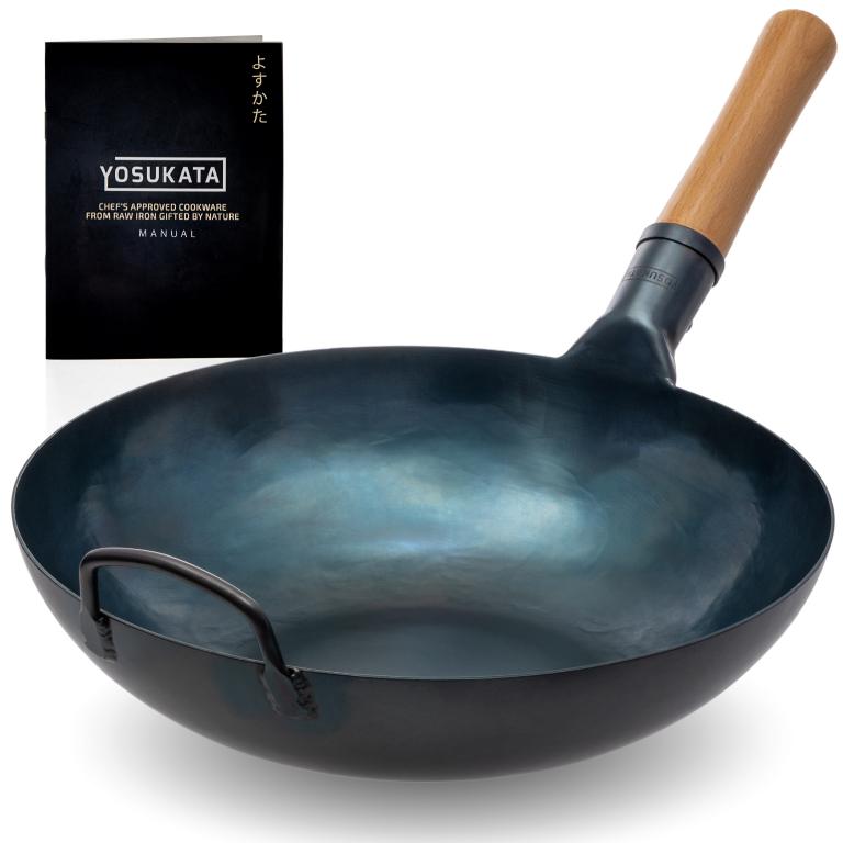 Yosukata 34 cm Wok van blauw koolstofstaal (Platte bodem, Voorgezouten)