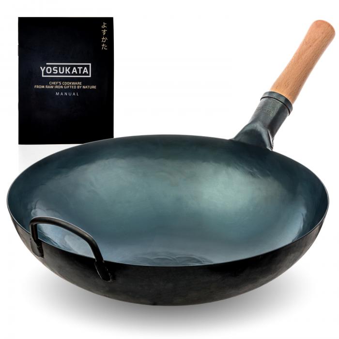 Yosukata 36 cm Wok van blauw koolstofstaal (Ronde bodem, Voorgezouten)