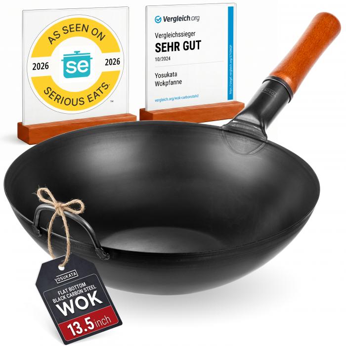 34 cm Wok van zwart koolstofstaal  (Platte bodem, Voorgezouten)